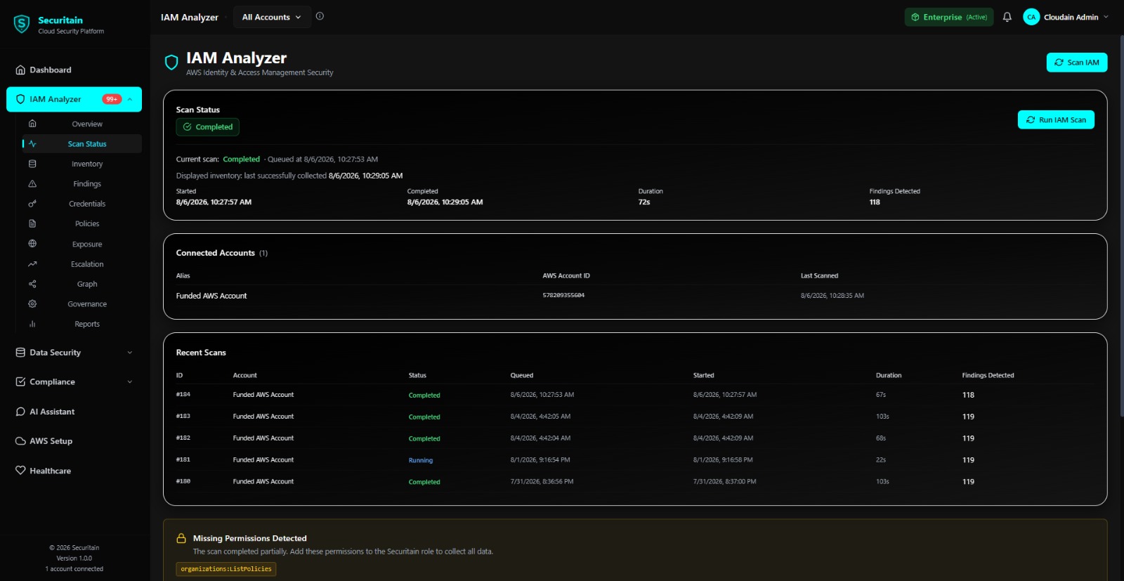 Securitain dashboard screenshot